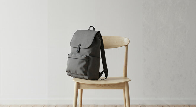 Stylish gray backpack resting on wooden chair in minimalist interior  