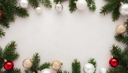 Festive christmas decorations with ornaments and pine branches holiday setting still life bright background close-up view celebratory spirit