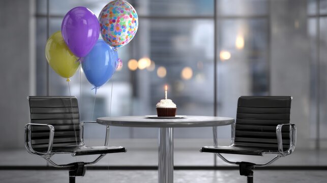 Celebrating an office birthday alone, a lonely cupcake with a lit candle and colorful balloons on an empty table