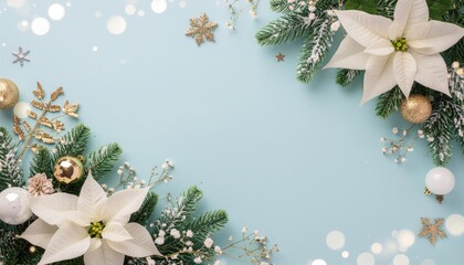 Festive holiday decorations featuring white poinsettias and gold accents celebratory atmosphere floral arrangement bright blue background aesthetic composition