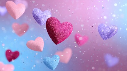 Glitter heart shapes floating against a vibrant pink and blue gradient background, symbolizing love and celebration
