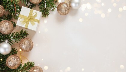 Celebrate the holiday season with festive decorations including ornaments and gifts christmas theme studio setting warm lighting top-down view joyful atmosphere