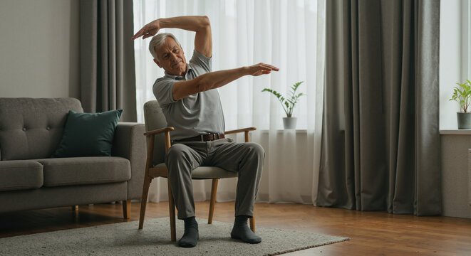 Elderly man exercising while seated in living room during daytime  