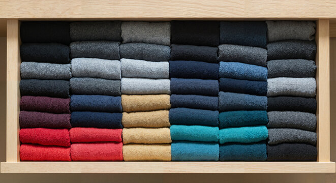 Organized drawer with neatly folded colorful sweaters and shirts  