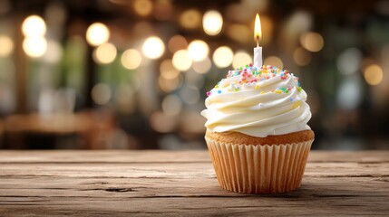 Delicious vanilla cupcake with buttercream frosting and a burning candle, symbolizing celebration and happiness