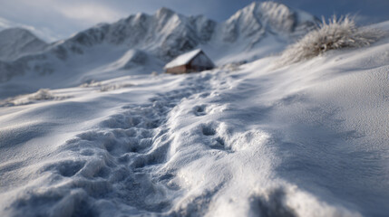 Obraz premium Snow-covered mountain trail footprints in the snow.