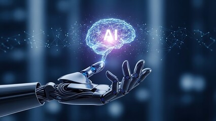 Robot hand holding glowing artificial intelligence brain with network connections
