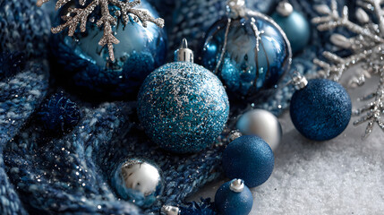 Deep blue metallic holiday theme with icy ornaments and shimmering edges around neutral center 