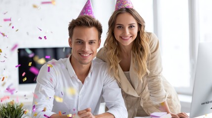 Young office colleagues celebrating birthday or work anniversary with party hats and falling confetti in a bright modern office