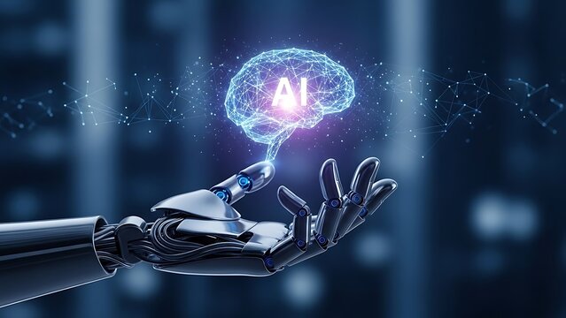 Robot hand holding glowing artificial intelligence brain with network connections