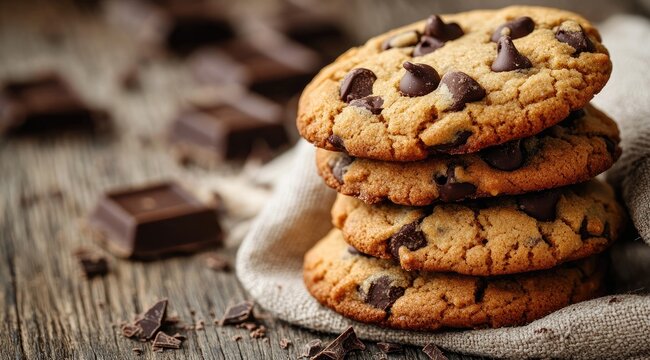 Stack of chocolate chip cookies on a rustic wooden surface