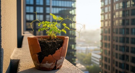 Small plant grows in cracked terracotta pot on balcony against city backdrop.