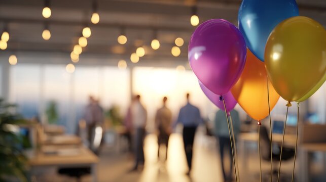 Balloons highlighting an office party celebrating success, careers, and corporate achievements with colleagues