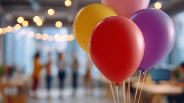 Colorful balloons floating with blurred office celebration in background, group of coworkers having a party