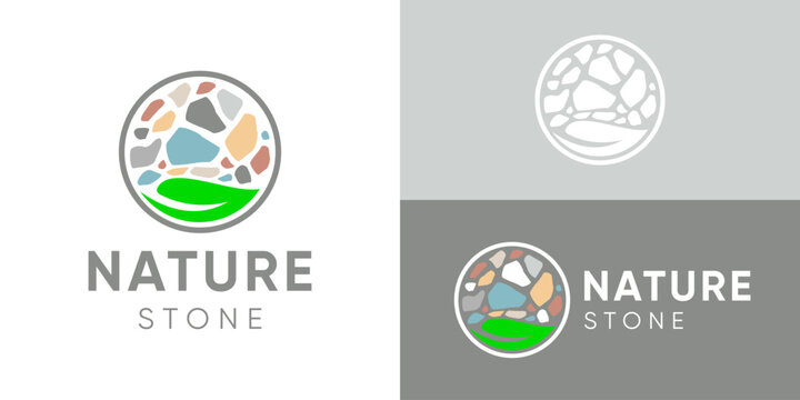 Creative simple nature stone logo template. Abstract Gravel rock stone with green plant leaf logo design vector illustration.