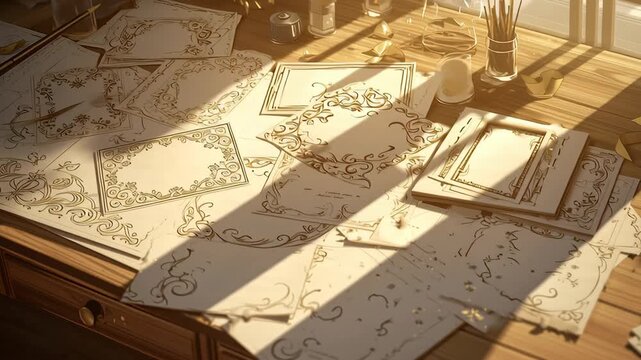 Sunlight Illuminating Artistic Sketches and Architectural Designs on Desk