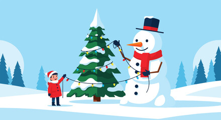 A child decorates a Christmas tree with lights while a snowman stands nearby wearing a hat and scarf in a snowy winter landscape.