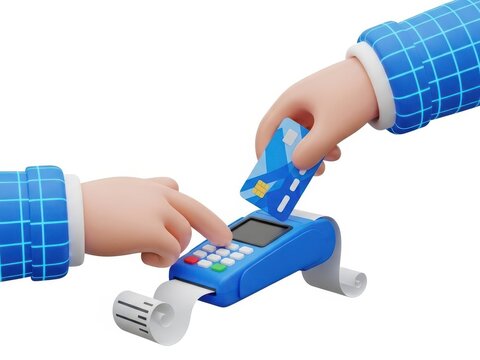 3d cartoon hands making credit card payment using blue point of sale terminal with receipt isolated on white background