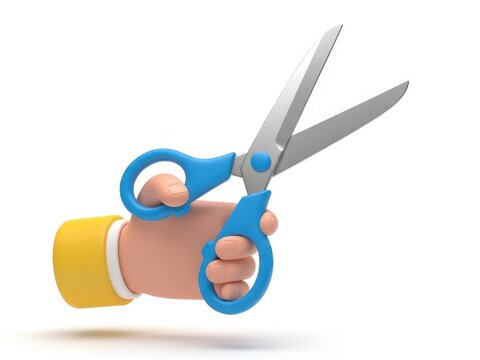 Cartoon 3d hand holding blue scissors ready to cut, isolated on white background