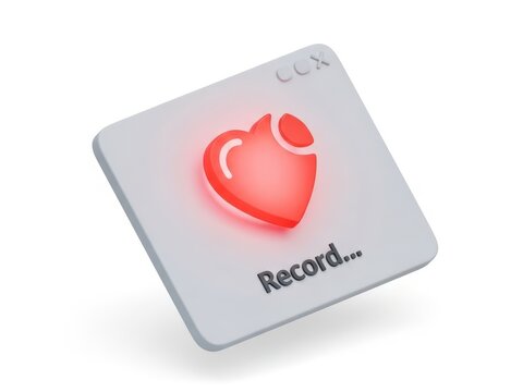 3d rendering of a glowing red heart icon on a small white square interface element with the word record underneath, isolated on white background