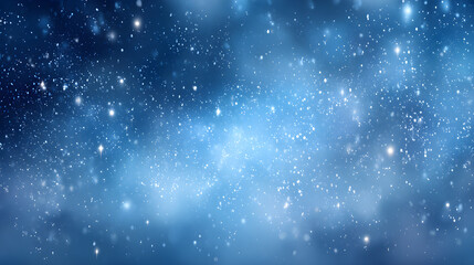 Fototapeta premium Blue winter night sky design with glowing stars, gentle snowfall, dreamy central copy space 
