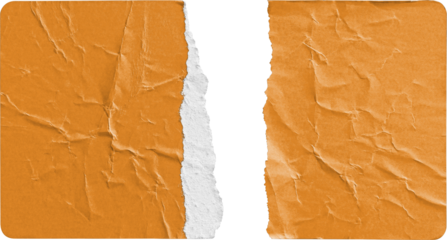 Torn Orange Paper Sticker Split into Two Halves isolated on transparent background