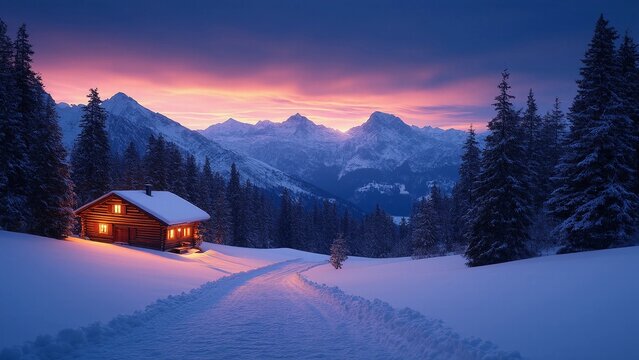 Cozy wooden cabin illuminated at dusk in a snowy mountain landscape surrounded by evergreens and majestic peaks