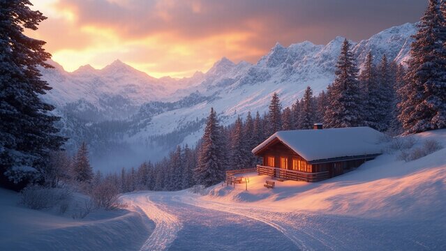 Snow-covered mountains and a cozy cabin during sunset with warm light shining through the windows, creating a peaceful winter scene in nature