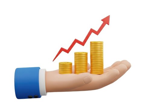 3d cartoon hand holding increasing stack of gold coin bar chart with upward trending red arrow isolated on white background