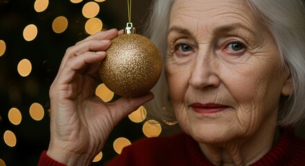 Elderly woman holding a golden christmas ornament with bokeh lights in the background