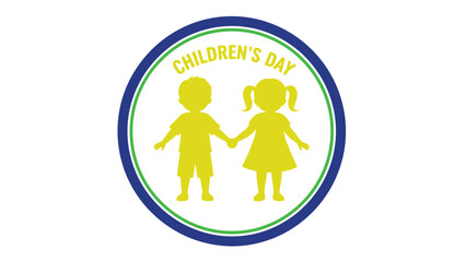 Isolated vector style badge featuring silhouettes of two cute children holding hands, round playful design, smooth bold lines, pastel friendly shape, perfect for Children’s Day celebrations