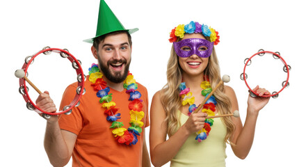 Two young caucasians in carnival outfits with tambourines, on white studio background, high-key, vibrant carnival celebration atmosphere