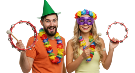 Two young caucasians in carnival outfits with tambourines, on white studio background, high-key, vibrant carnival celebration atmosphere