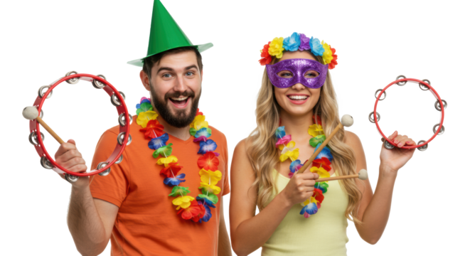Two young caucasians in carnival outfits with tambourines, on white studio background, high-key, vibrant carnival celebration atmosphere