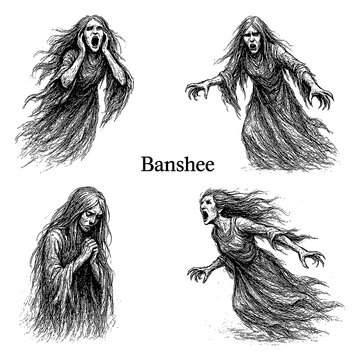 Banshee ghost woman in vintage engraved style with multiple haunting poses, Transparent Background
