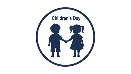 Isolated vector style badge featuring silhouettes of two cute children holding hands, round playful design, smooth bold lines, pastel friendly shape, perfect for Children’s Day celebrations