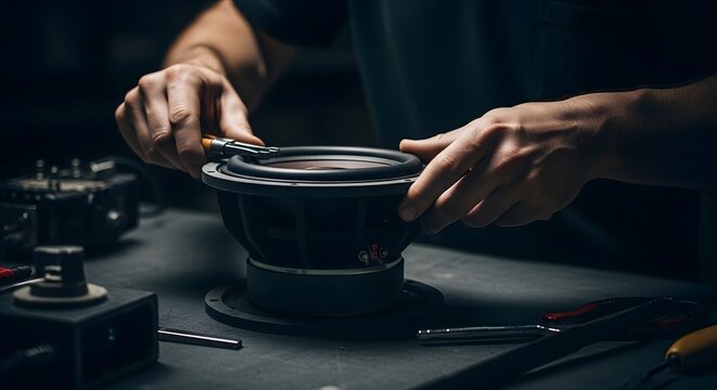 Person working on a black speaker with tools on a dark workbench in a dimly lit environment