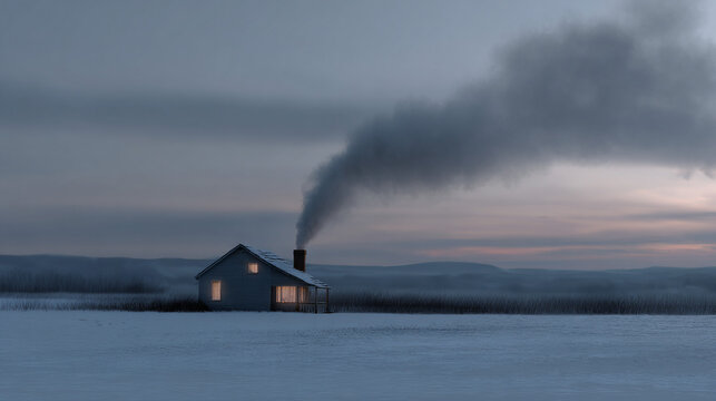 Winter landscape with a solitary cabin and smoke rising from the chimney.