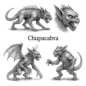 Chupacabra cryptid creature in dark hand drawn engraving style, Transparent Background
