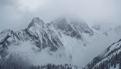 Obraz premium Snow-Covered Mountain Peaks Struck By Violent Winds And Blowing Snow During A Dramatic Frigid Winter Storm Creating A Breathtaking Harsh And Extreme Winter Landscape