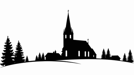 Rural church silhouette with steeple on hill and pine trees, countryside vector illustration