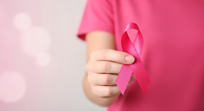 Woman holds pink ribbon symbol for supporting awareness against disease - Powered by Adobe
