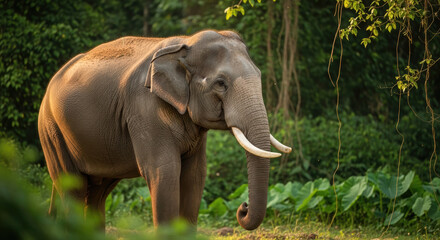 Fototapeta premium An impressive Indian elephant with magnificent tusks stands calmly in its lush forest habitat, beautifully illuminated by golden light, captured with selective focus.