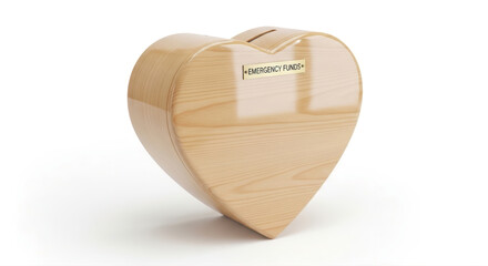 Elegant Wooden Heart-Shaped Donation Box for Emergency Funds, Isolated on White with Ample Copy Space.