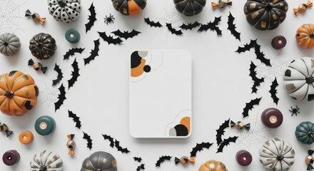 Modern Halloween flat lay background with stylish pumpkins, paper bats, and festive decor around a blank invitation card mockup.