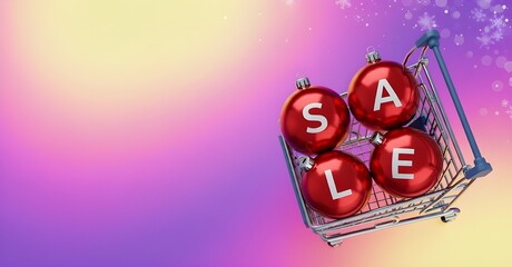 Cyber Monday Sale Concept with Red Baubles in Shopping Cart on Colorful Pink Gradient Background