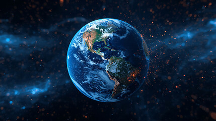 Obraz premium Earth with glowing city lights, global network in deep space