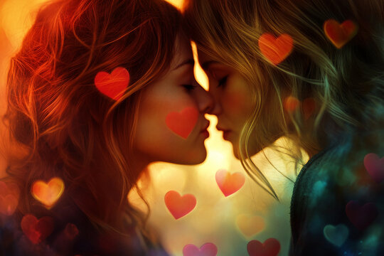 Abstract romantic couple kiss with hearts overlay for Valentine day celebration, generative ai