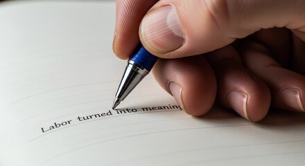 Hand Writing text with pen on paper in bright daylight closeup shot.