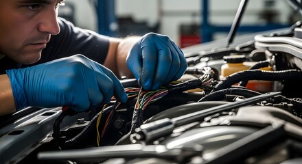 Mechanic wearing blue gloves working on car engine wiring harness in a repair shop garage area